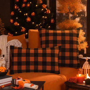 Federa Decorativa Quadrata Personalizzata OEM, Design Moderno Arancione e Nero per Halloween, Motivo Geometrico Autunnale per la Casa - Product Image 5