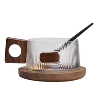 Ensemble de tasse à café en verre exquis boisson de thé de l'après-midi avec cuillère sous-verre en bois de noyer Simple tasse de thé au lait domestique