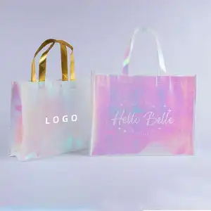 Bolso de compras no tejido laminado brillante metálico Rosa holográfico reutilizable con logotipo personalizado, bolso de regalo iridiscente no tejido con logotipo