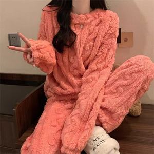 Damen Winter Fleece Pyjama Lässiger Warmer Plüsch Langarm-Loungewear Gemütlicher Winter Heim-Schlafanzug Damen Flanell Schlafanzug-<span class=keywords><strong>Set</strong></span> - Product Image 3