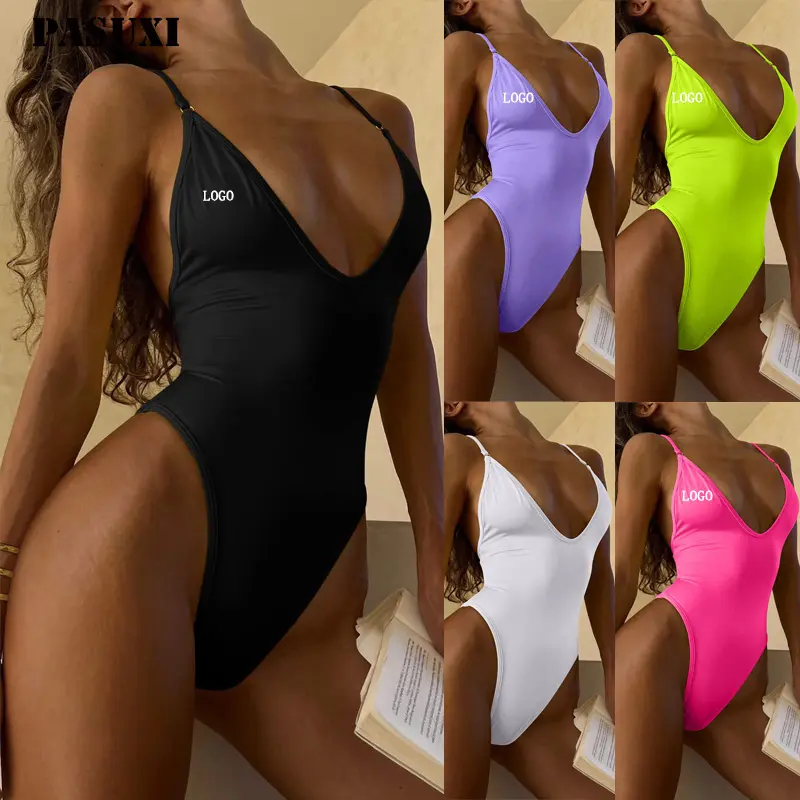 PASUXI New One Piece Swimsuit Solid Color Mesh Bikini Women New Patchwork Swimwear For Female High Cut Out Swimsuit 2024