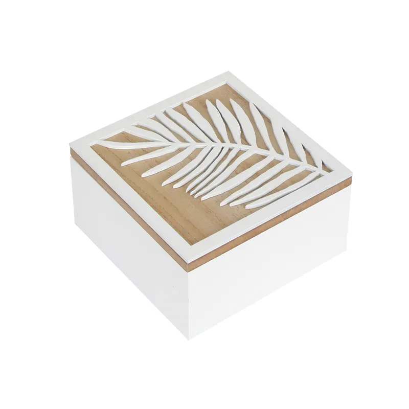 Boîte de rangement en bois blanc avec couvercle à charnière et feuilles sculptées petite boîte à bijoux décorative cadeau