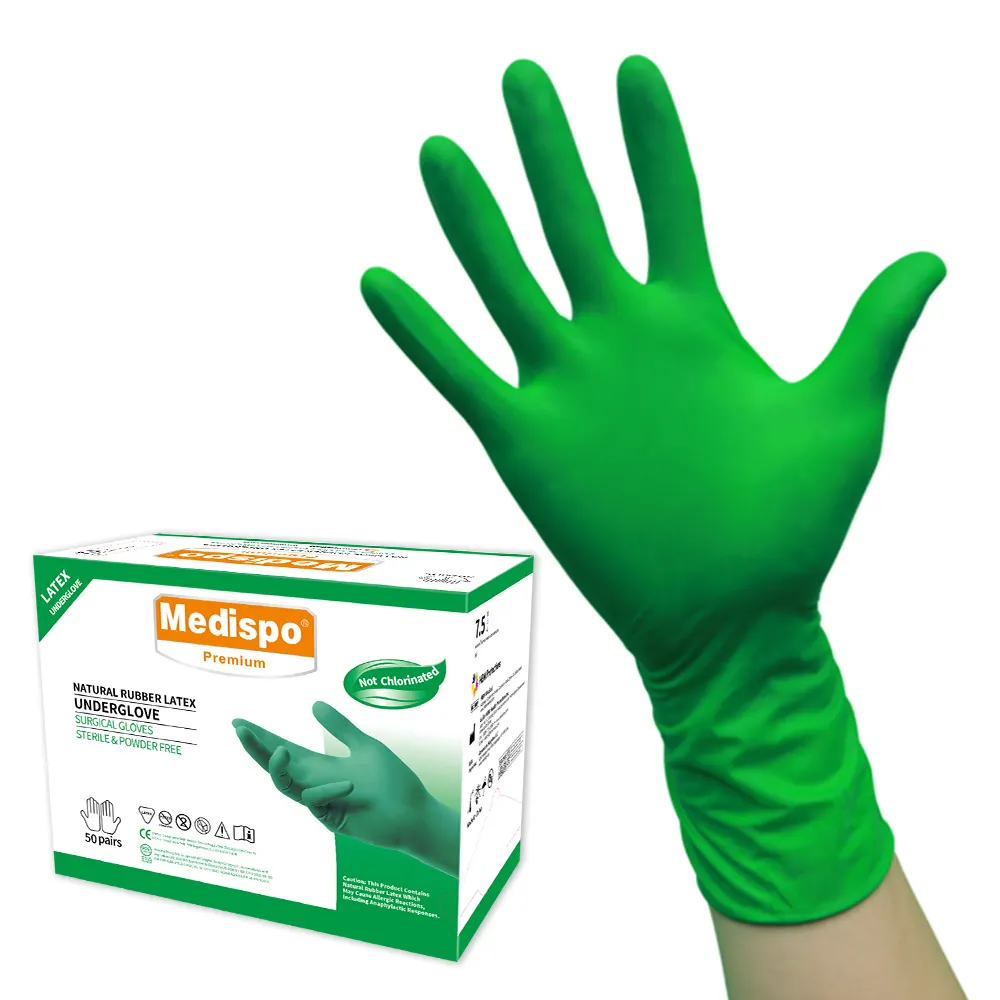 Mayorista de guantes quirúrgicos guantes estériles desechables verdes de látex natural para médico