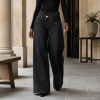 Jean en denim droit taille haute personnalisé pour femme, style décontracté vintage avec accessoires de sac à main