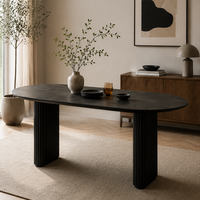 Schwarzer Gerillter Sockel Moderner Ovaler Esstisch Mattschwarzes Holzmaserungsfurnier MDF Fester Esstisch für Apartment Wohnmöbel