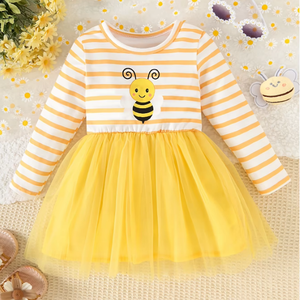 Vestito <span class=keywords><strong>Tutu</strong></span> a Maniche Lunghe con Stampa Ape e Righe <span class=keywords><strong>per</strong></span> <span class=keywords><strong>Bambine</strong></span>, Abito Principessa in Tulle Giallo Morbido <span class=keywords><strong>per</strong></span> Feste di Compleanno - Product Image 2