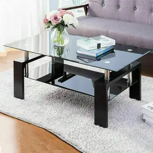 Living room furniture classic square high gloss coffee table suppliers two layers tempered glass coffee table factory supply