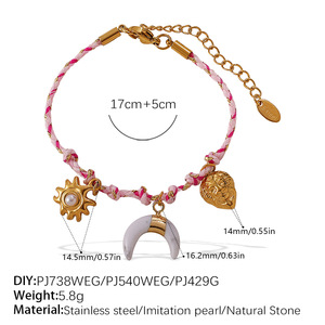 18K Gold Plated Stainless Steel Charm Bracelet <b>Pink</b> <b>Braided</b> Chain Adjustable Pendant Bangle DIY Jewelry Gift - Product Image 2