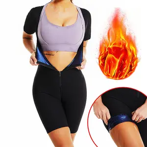 Roupa de sauna colete de moletom para mulheres, body modelador de emagrecimento, fitness, treino, top com manga, shorts