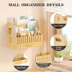 Wooden office <b>file</b> organizer, wall-mounted letter and mail sorting rack with eyeglass holder and <b>drawer</b> storage box - Product Image 3