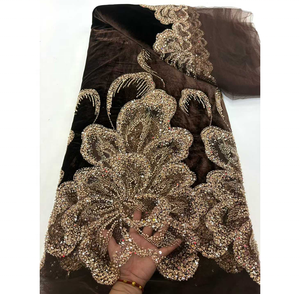 Tela de Encaje de <span class=keywords><strong>Terciopelo</strong></span> de Alta Calidad con Bordado Floral de Lujo, con Cuentas y Lentejuelas, Color Rosa, para Fiestas Nocturnas, para Mujeres Nigerianas - Product Image 4