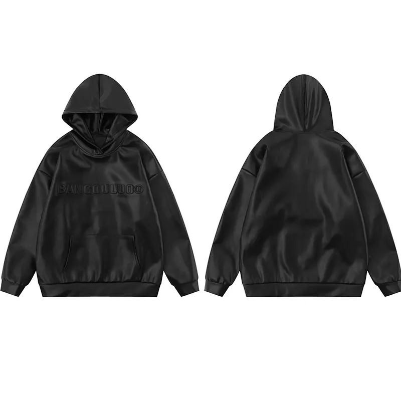 High Street 3d Brief geprägt Logo Hoodie Sweatshirt benutzer definierte lose Hip Hop PU Leder Hoodie Jacke für Männer