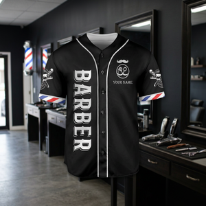 Personalized Barber Jersey Shirt Black Button <b>Up</b> Baseball Style Custom Name With Pattern Short Sleeve Men's Casual Wear - Product Image 3