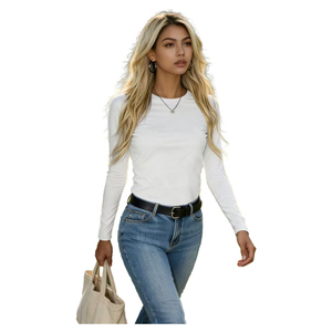 2026 Custom Logo Spring Women Casual Long Sleeve Shirt <strong>Ladies</strong> Crew Neck Tight <strong>Fit</strong> Tops <strong>Basic</strong> Plain Long Sleeve T-shirt - Product Image 1