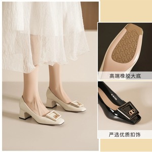 Escarpins à bout carré et talon carré en cuir verni avec boucle, chaussures de bureau pour femme, talon moyen, tendance mode, à enfiler, couleur unie - Product Image 5