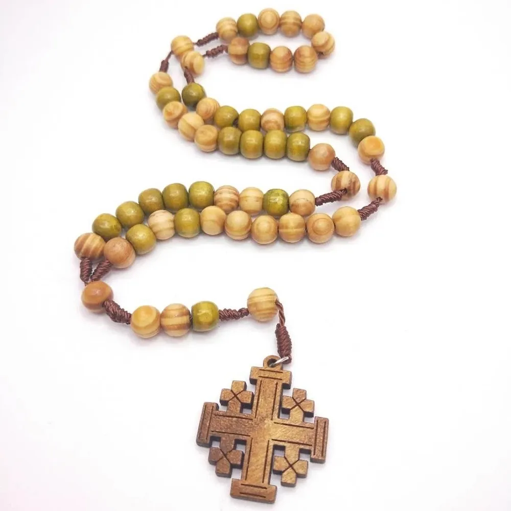 JERUSALEM Handmade Wooden Beaded Catholic Rosary Cross Necklace Religious Jewelry