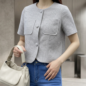 Blusa Casual de Oficina para Mujer, Manga Corta, Cuello Redondo, Color Sólido, 100% Algodón, Bolsillos con Botones, Estilo Minimalista, Primavera Verano, Uso Diario - Product Image 1