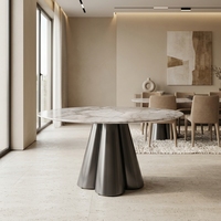 Table à manger ronde aspect marbre, base en acier carbone brossé, salle à manger moderne pour hôtel, villa, appartement, finition de luxe, taille personnalisée