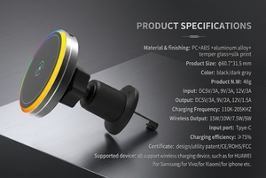 <span class=keywords><strong>Chargeur</strong></span> de voiture sans fil universel 15W à charge rapide avec lumière RGB, support magnétique puissant, installation sur grille d'aération, lots en gros - Product Image 6