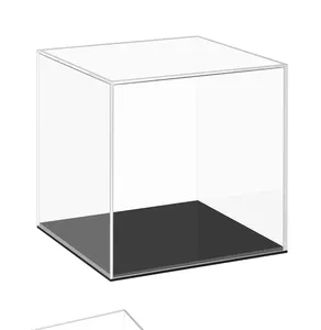 定制透明亚克力展示柜，带黑色底座台面盒立方体整理器支架立管防尘保护展示柜