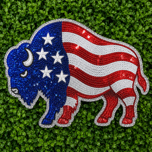 Patchs à paillettes personnalisés OEM, Grand badge brodé Buffalo thermocollant, Emblème pour vêtements du 4 juillet, Logo de créateur de vêtements en gros - Product Image 1