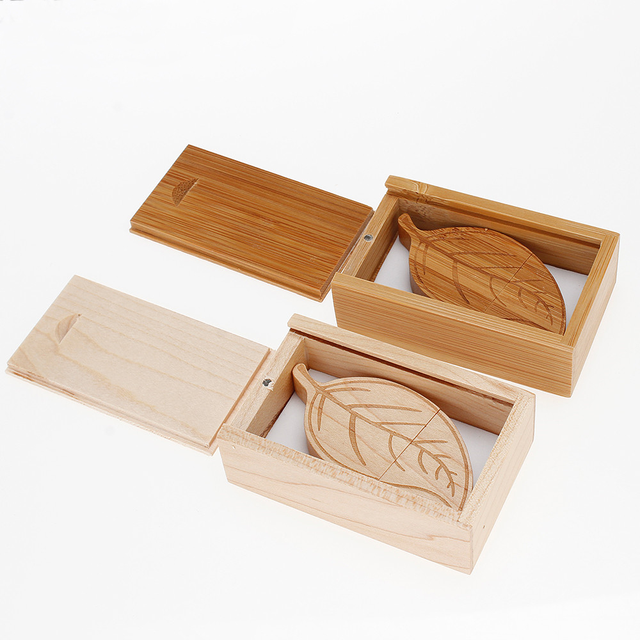 Wood Bamboo Box Packged Leaf 2.0 3.0 USB Flash Drives Leaf Shape USB Memory Stick Wooden Leaf Usb Flash Drive 4GB Thumb Drives