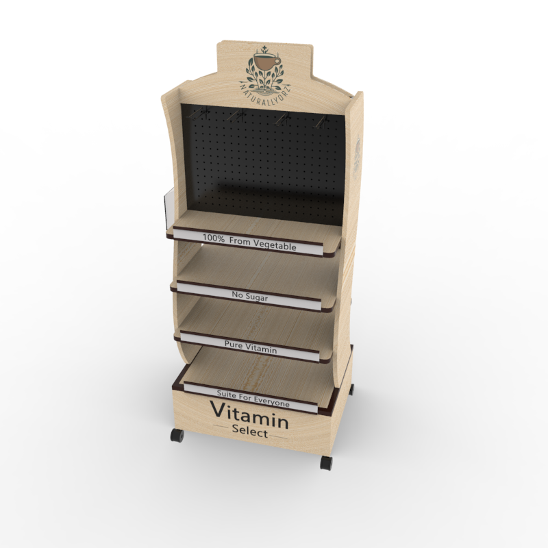 Supermarket Shelves Dedicated Laminated Solid Wood Light Duty Floorstanding 4-Layer Display Stand for Health Products — view 3
