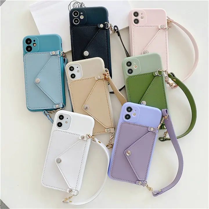Hot Portable Leather Wallet Silicone Cover With Strap Chain Phone Case For iPhone 13 mini 12 11Pro max XS XR 7plus Back Cover