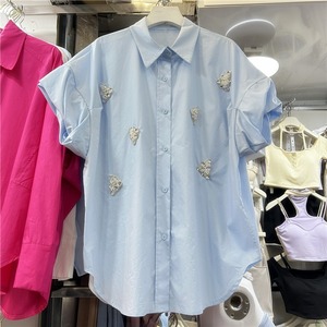 Nuova <span class=keywords><strong>Camicetta</strong></span> Elegante da Donna 2026, Manica Corta Blu con Perle e Paillettes, Patch Triangolare, Maniche a Sbuffo, Stile Casual - Product Image 2