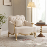 Ensemble de meubles de salon 5 pièces, canapé capitonné crème, pieds dorés, tissu, avec table basse pour la maison