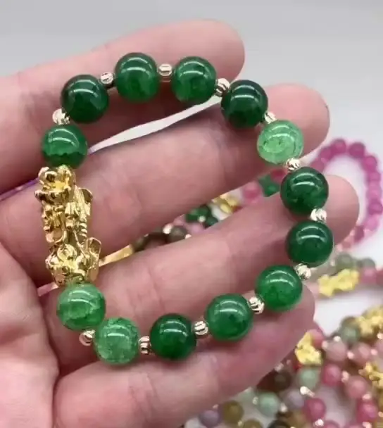 ROMANTIC High Quality Green Jade Beads Brave Lucky Gold Plated Pixiu Charm Bracelets