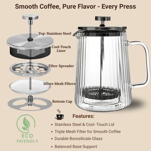 Cafetière à piston en verre transparent moderne avec infuseur et couvercle, composants en acier inoxydable résistant à la chaleur pour la cuisine - Product Image 6