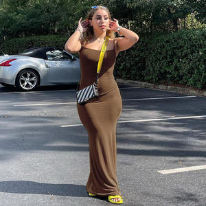 Brown Pink Easy Dress <strong>Xxxl</strong> Floor Length Knitted Solid Blank Slim Peach Buttock Sling Dress Lounge Long Slip Dress Women - Product Image 5