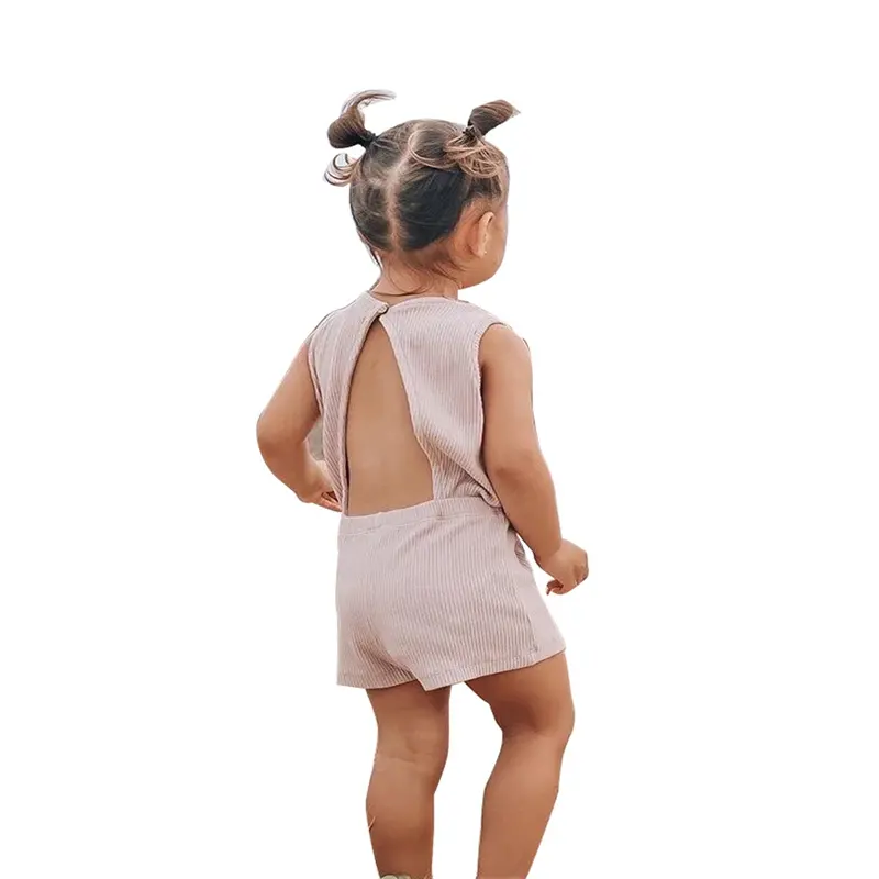 Summer Kids Clothing Plain Knitted Baby Girl Backless Bodysuit Boutique Elastic Waist Toddlers Short Jumpsuit