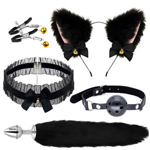 Sexe adulte ensemble 5 pièces chat noir oreille dentelle masque pour les yeux jouer bouche balle bdsm métal plug anal queue de renard - Product Image 5