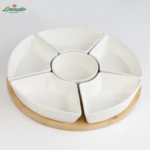 2023 nuevo diseño de plato de aperitivos de bambú Lazy Susan con plato de aperitivos dividido de porcelana de cerámica giratorio extraíble