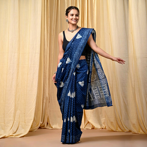 Sari de Algodón Mulmul de Diseño con Estampado Tradicional, Saris Indios al por Mayor, Sari de Algodón Mulmul Suave con Blusa a Juego - Product Image 1