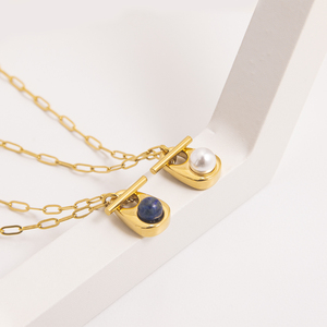 Powell moda Custom acciaio inox Ot Design <span class=keywords><strong>con</strong></span> bottone collana catena di graffette <span class=keywords><strong>con</strong></span> gemma di perle e agata intarsio pendente - Product Image 5