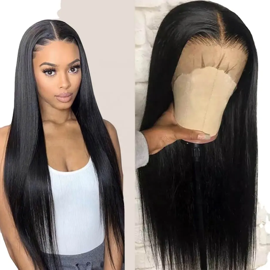 LIDEIMEI 1B Black Color 150% 180% Density Silky Straight Human Hair 13x4 Transparent Lace Front Wigs For Women Peruvian Hair Wig