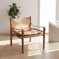 Chaise de salon vintage nordique en bois massif, style safari, imprimé cuir, pour la maison