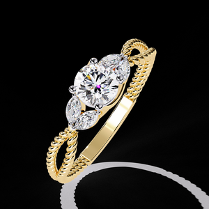 Anillo de Compromiso con Diamante Cultivado en Laboratorio, Banda de Oro con Diseño de Cuerda Trenzada y Piedras Laterales en Forma de Pera, Joyería Elegante - Product Image 4