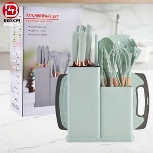Ensemble de couteaux de cuisine en silicone 19 pièces OEM/ODM avec manche en bois, planche à découper et bac de rangement spécial, y compris spatules et ustensiles - Product Image 2