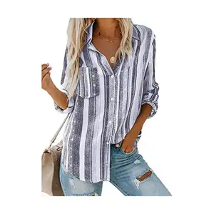 2022 Fall/Winter Fashion Stripe Plus Size Shirt Women Turn-Down Collar Button Blouse Ladies Oversize Long Sleeve Stripe T-Shirt