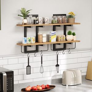 Étagères murales <span class=keywords><strong>de</strong></span> cuisine rustiques en bois à 2 niveaux, support <span class=keywords><strong>de</strong></span> rangement mural industriel flottant avec 6 crochets pour organiser les ustensiles - Product Image 1