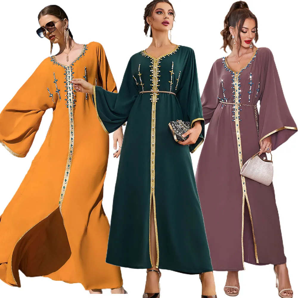 लंबे बाजू की पोशाक महिलाओं औपचारिक पोशाक के तहत Abaya पर्ची पोशाक हाथ सिलना हीरे मध्य पूर्व पार्टी वयस्कों गहरे हरे रंग ईद प्लस आकार