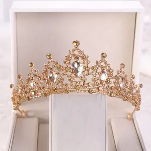 巴洛克黄金香槟水晶心新娘 Tiaras 皇冠水钻选美皇冠面纱头饰