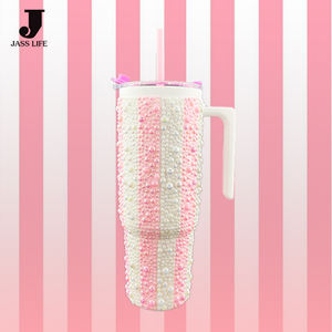 Nouveautés populaires Conception à rayures parallèles Macaron Couleur Perle Gobelet en strass Grande capacité Tasses à café portables - Product Image 4