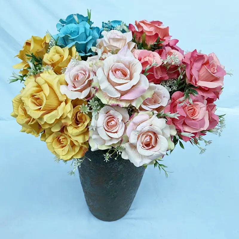 7 פניקס-יאן ורד סימולציה פרח ירוק צמח עציץ אולם חתונות פרחים דקורטיביים קישוט שולחן מקורה