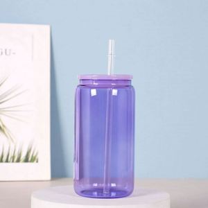 Gobelet en verre transparent de 16 oz pour sublimation, type canette de bière, avec couvercles colorés - Product Image 5