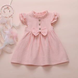 Chaud semi-col roulé robe d'été coton lin crêpe clapet manches cousu nœud robe couleur unie princesse robe pour fille - Product Image 4